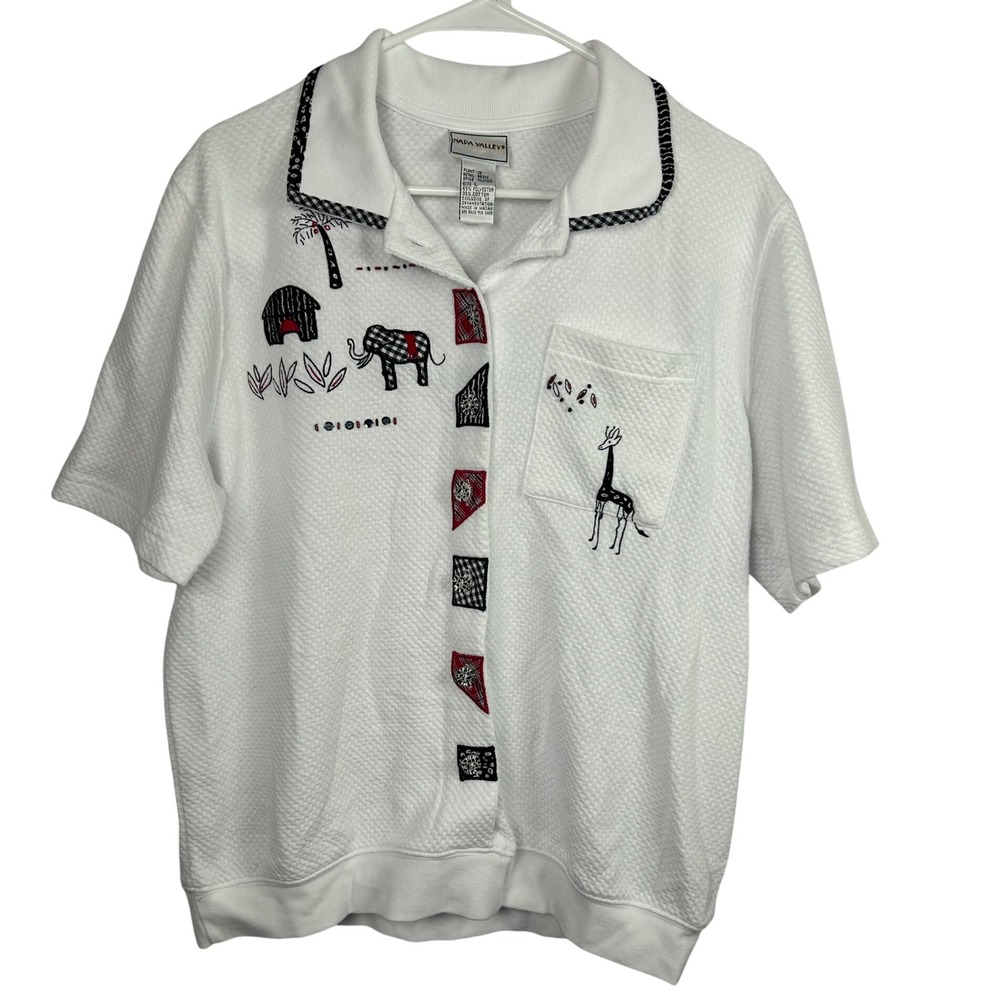 Napa Valley Safari Top Women L White Embroidered Elephant Giraffe